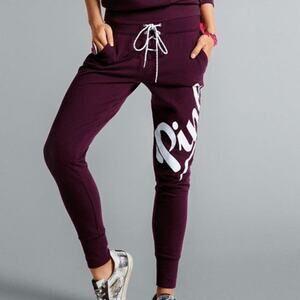 PINK Victoria's Secret Joggers Small Collegiate Pant Lace Up Burgundy Logo Ankle